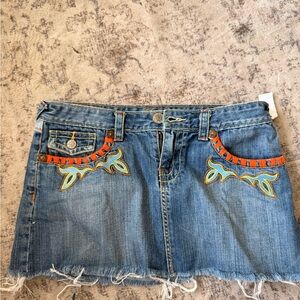 Yag Couture Denim Mini Skirt with Orange Embroidery